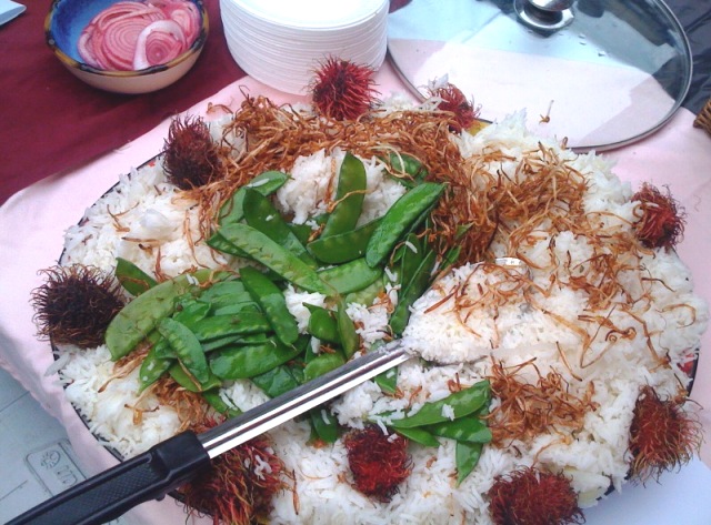 Basmati Rice with Deep Fried Bean Sprouts, Snow Peas and Lychee Nuts
