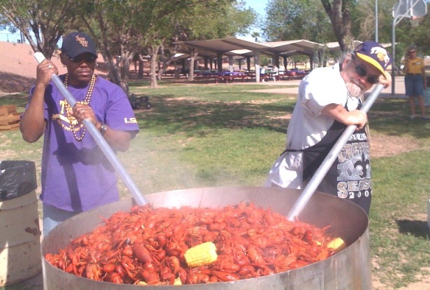 Sean Pierre and myself cook Crawfish
