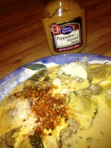 Oysters and Mushroom Raviolis in Peppadew Mustard Sauce